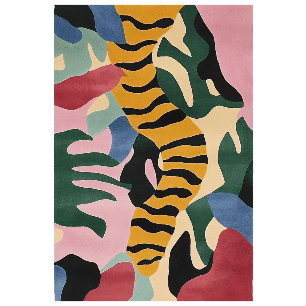 Vibrant and contemporary Jungle Rhythm Mirage hand-tufted area rug featuring an abstract pattern with bold colors like yellow, pink, green, and blue. This wool rug is perfect as a living room area rug, adding a modern artistic flair to your home decor.