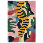 Vibrant and contemporary Jungle Rhythm Mirage hand-tufted area rug featuring an abstract pattern with bold colors like yellow, pink, green, and blue. This wool rug is perfect as a living room area rug, adding a modern artistic flair to your home decor.
