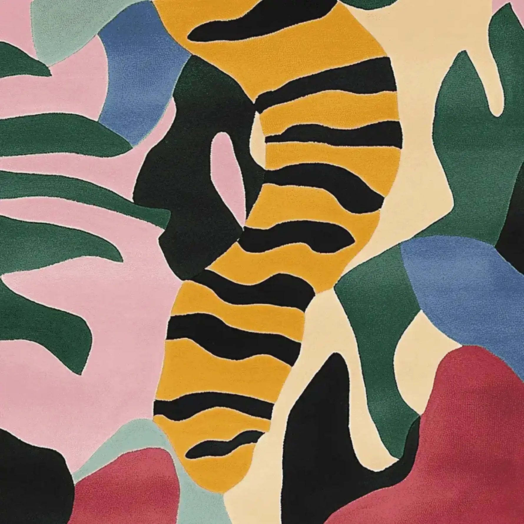 This vibrant area rug features an abstract design with bold colors and tiger-like stripes, perfect for adding a contemporary touch to any living room. Made from high-quality wool, this hand-tufted rug combines artistry and durability, making it an ideal choice for those seeking stylish and modern living room area rugs.