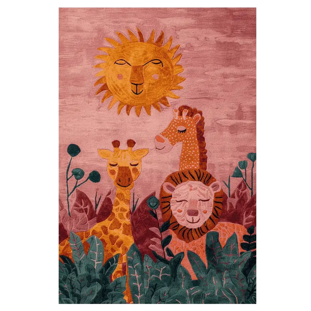 The 'Jungle Smiles Hand Tufted Rug' features a whimsical design with a sun smiling down on a giraffe, lion, and other jungle motifs, perfect for adding a playful touch to any living room. This wool area rug measures 8x10, making it ideal as an area rug for living room spaces.