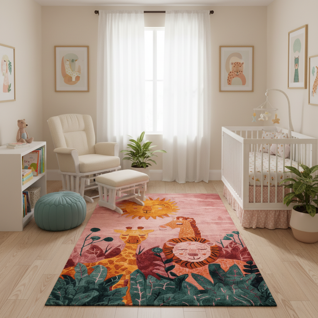 Children's room with a colorful rug featuring animals, a crib, and a chair.