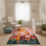 Children's room with a colorful rug featuring animals, a crib, and a chair.