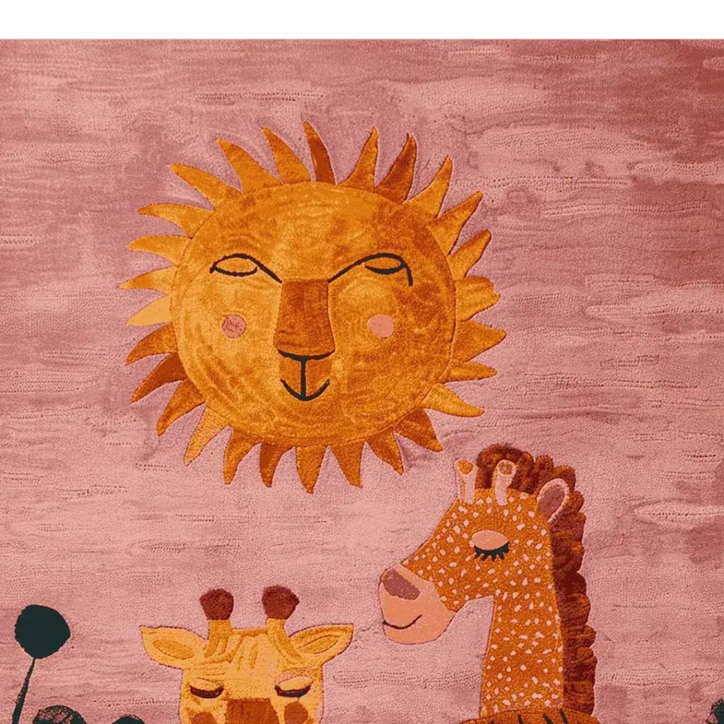 Charming Jungle Smiles hand tufted area rug featuring a playful sun and giraffes design. This wool rug is perfect for adding warmth and character to living room spaces. Ideal for those seeking living room rugs 8x10, this area rug brings a whimsical touch to home decor.