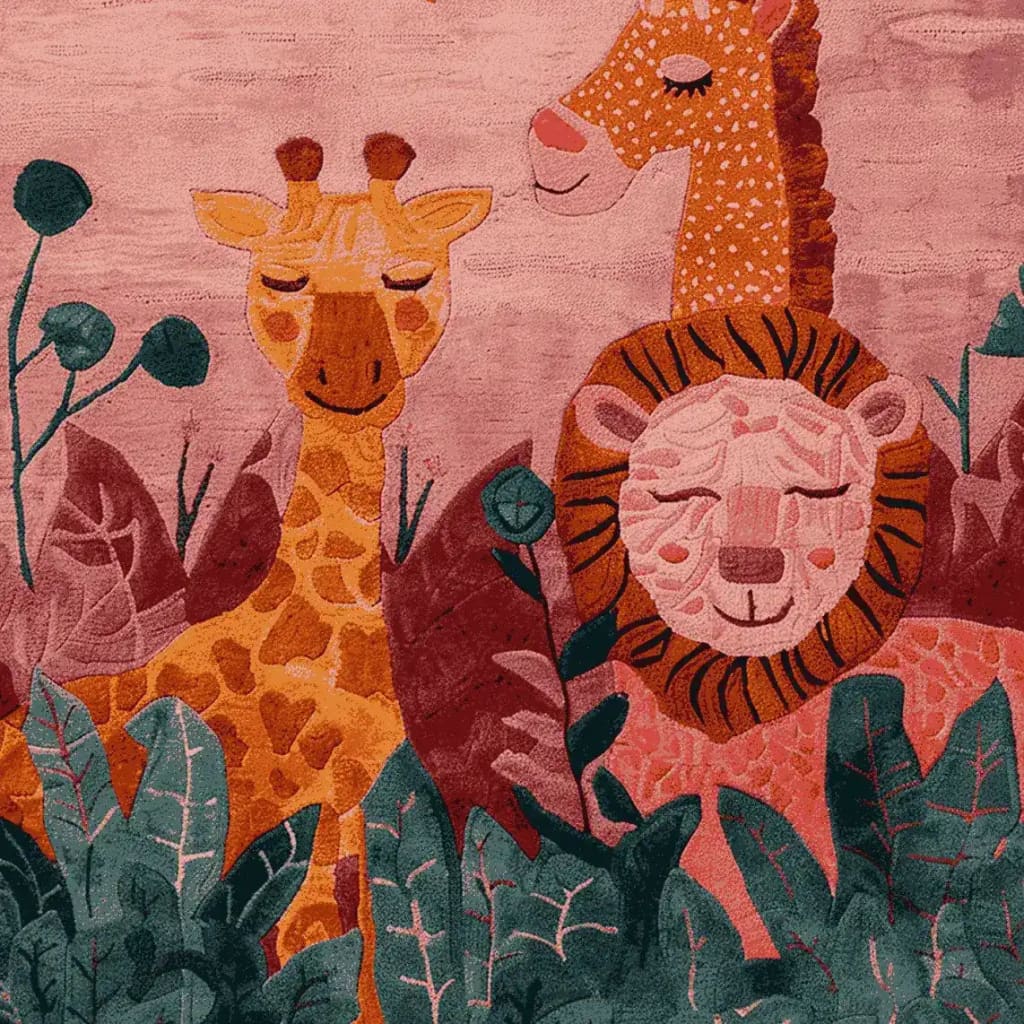 This vibrant area rug features an artistic depiction of a giraffe and a lion surrounded by lush greenery, perfect for adding a playful touch to any living room. The wool rug, sized at 8x10, showcases a hand-tufted design that enhances its charm and makes it an ideal choice for area rugs in living rooms.