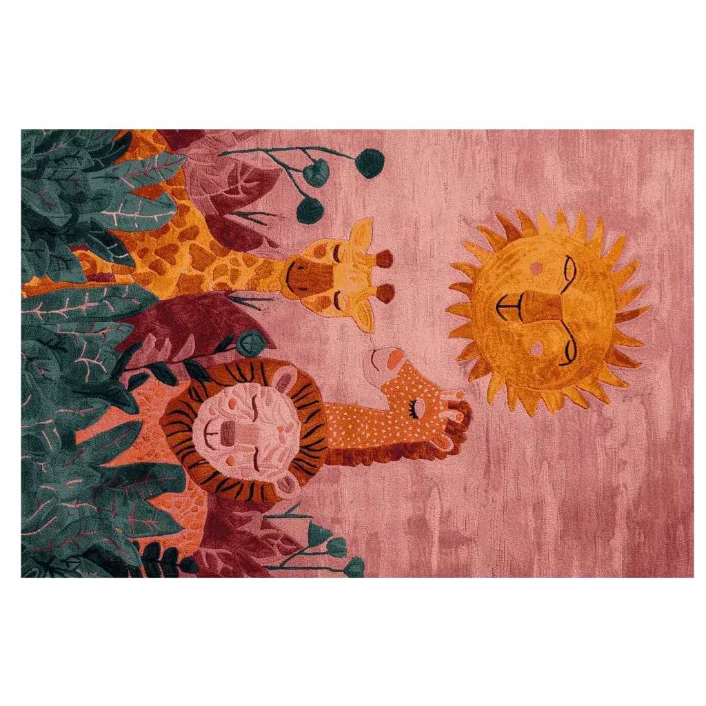 Vibrant hand-tufted area rug featuring playful jungle animals including giraffes and a lion under a smiling sun, ideal for living rooms. This wool rug offers an eye-catching design perfect for an 8x10 space.