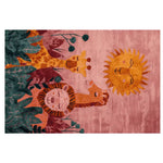 Vibrant hand-tufted area rug featuring playful jungle animals including giraffes and a lion under a smiling sun, ideal for living rooms. This wool rug offers an eye-catching design perfect for an 8x10 space.