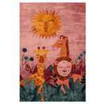 The 'Jungle Smiles Hand Tufted Rug' features a whimsical design with a sun smiling down on a giraffe, lion, and other jungle motifs, perfect for adding a playful touch to any living room. This wool area rug measures 8x10, making it ideal as an area rug for living room spaces.