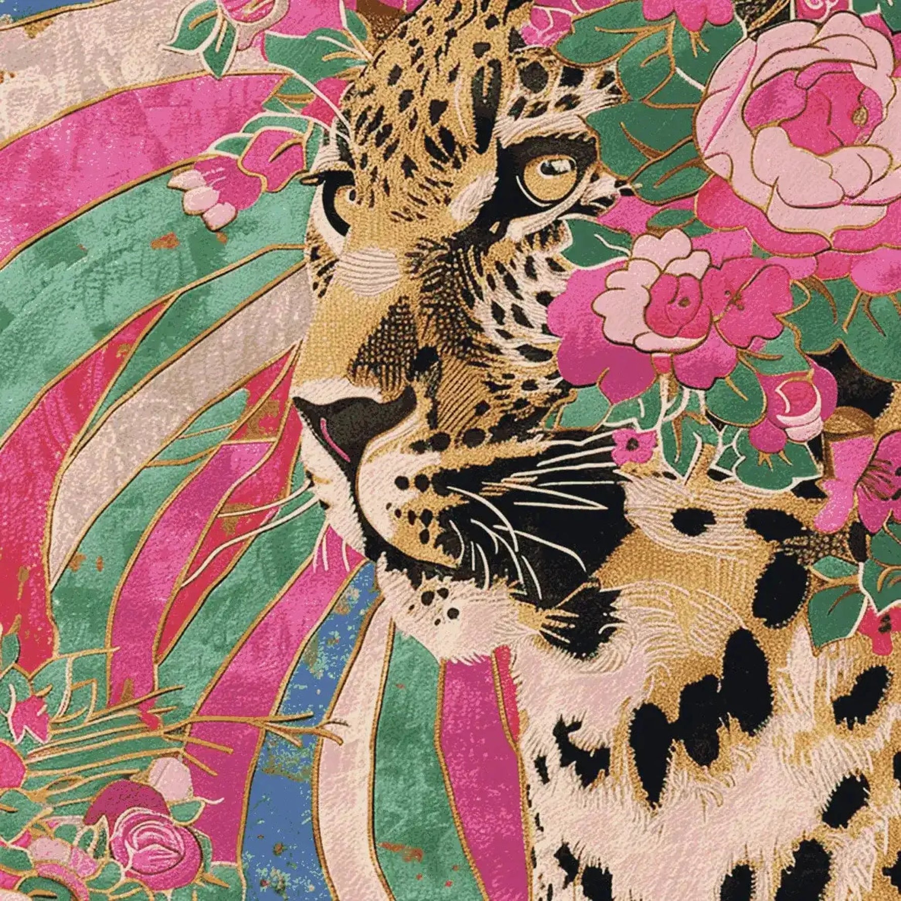 Vibrant and artistic portrayal of a leopard surrounded by lush pink flowers on a Jungle Throne Bloom hand-tufted wool area rug. This square rug is a perfect addition to living room decor, showcasing a striking mix of colors with green, pink, and gold accents. Ideal for those seeking unique floral rugs or wool rugs for their living spaces.
