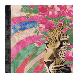 Vibrant hand-tufted area rug showcasing a detailed abstract tiger design surrounded by lush pink and green floral patterns. Perfect for adding a splash of color and style to any living room, this square rug is crafted from high-quality wool, making it an elegant and durable choice for those seeking unique floral rugs for living room decor.