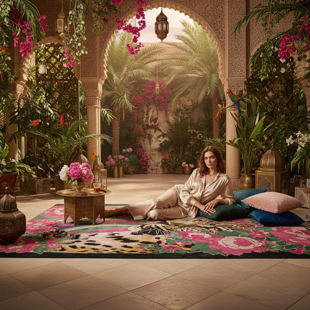 Woman sitting on a colorful rug in a decorative indoor setting with plants and flowers.
