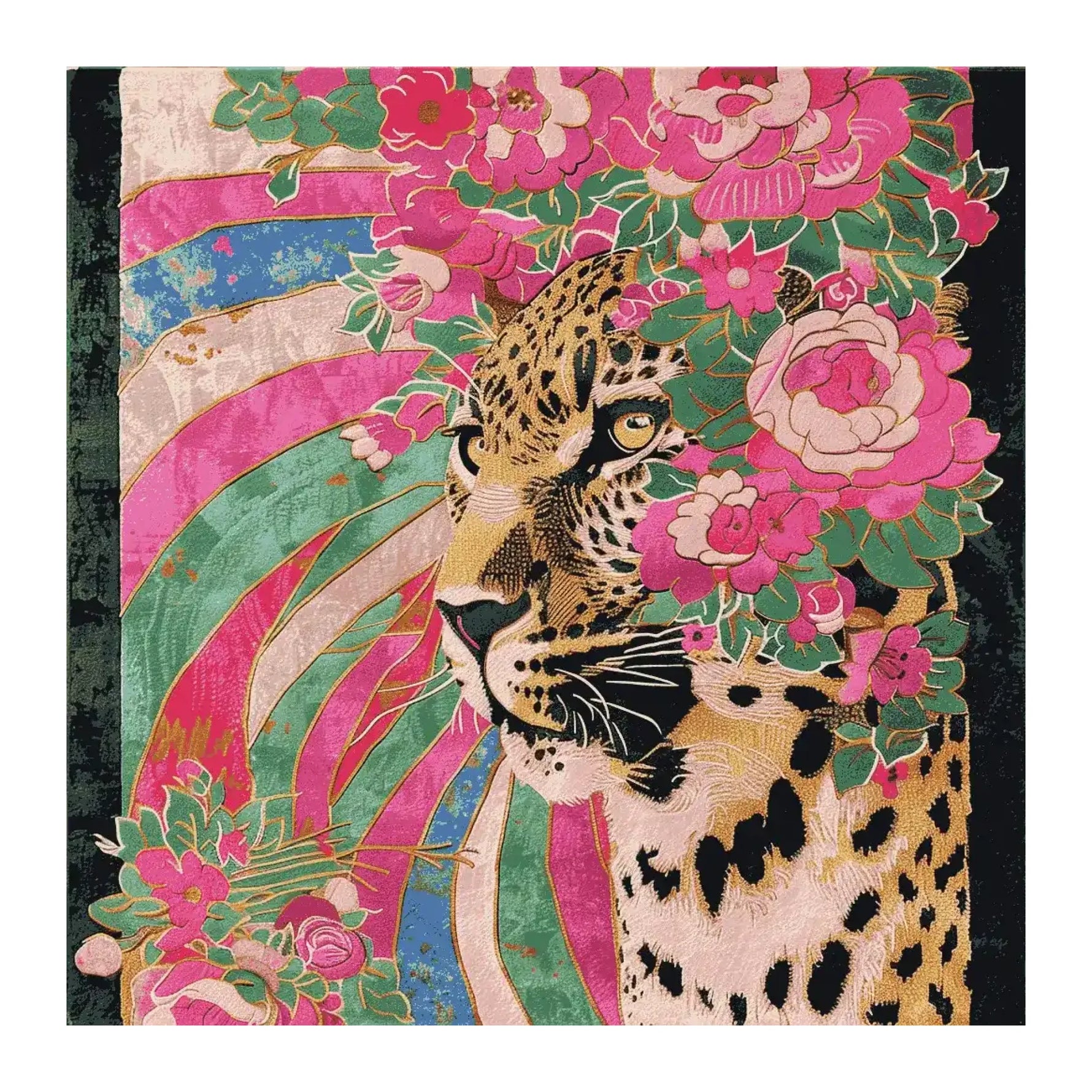 The Jungle Throne Bloom Hand Tufted Rug showcases an abstract design featuring a leopard surrounded by vibrant floral patterns. This square area rug is perfect for adding a touch of nature to living room spaces. Made from high-quality wool, this floral rug combines elegance with durability, making it an ideal choice for those seeking unique rugs for their living room.