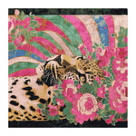 A vibrant hand-tufted square area rug featuring an abstract design with a leopard surrounded by lush pink and green floral patterns. This wool rug is ideal for adding a bold statement in living room spaces, showcasing intricate details and rich colors.