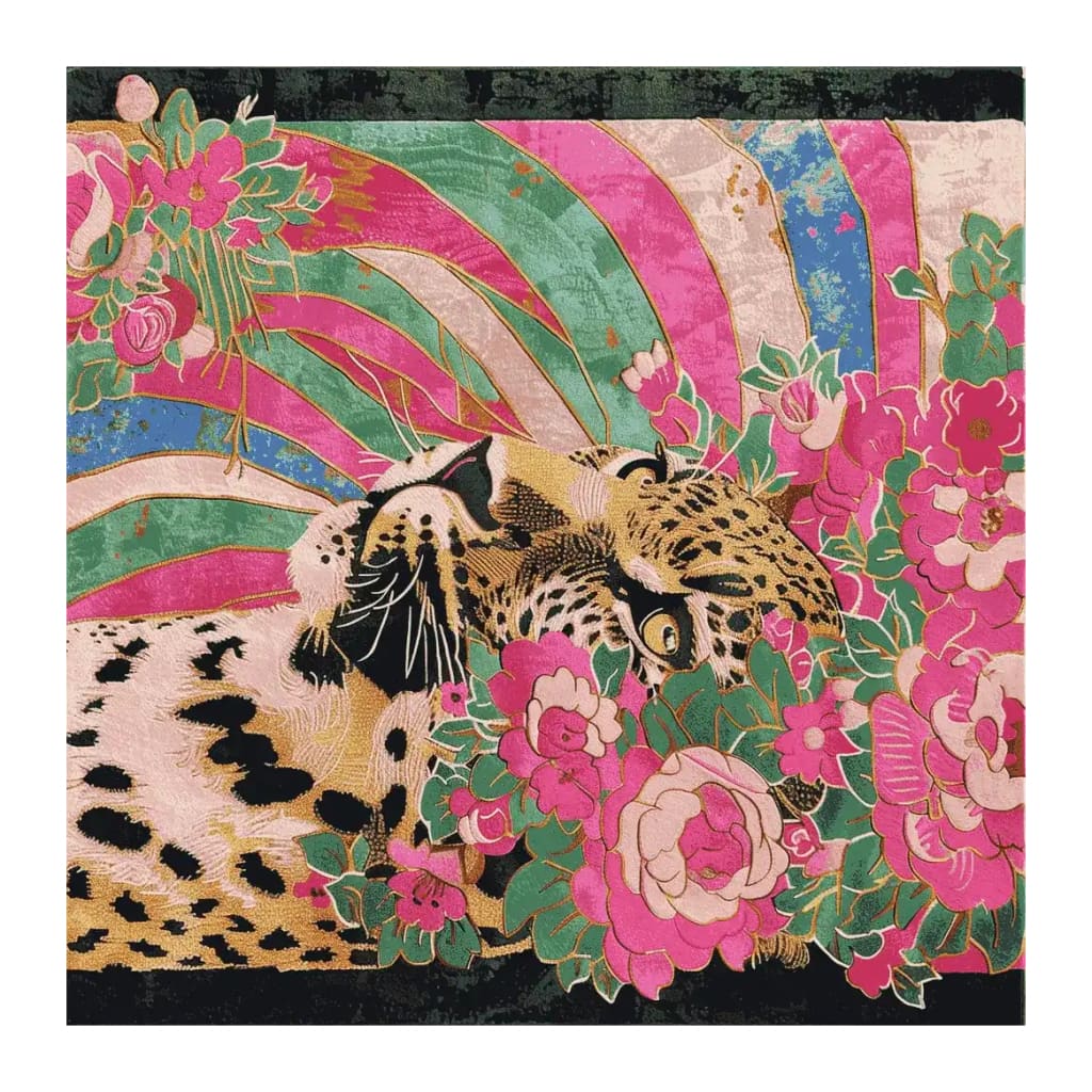 A vibrant hand-tufted square area rug featuring an abstract design with a leopard surrounded by lush pink and green floral patterns. This wool rug is ideal for adding a bold statement in living room spaces, showcasing intricate details and rich colors.