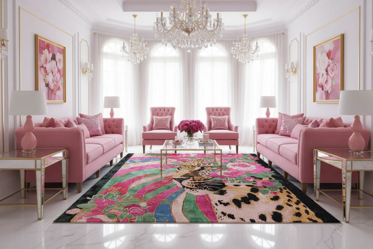 Luxurious living room with pink sofas, a colorful rug, and decorative elements.
