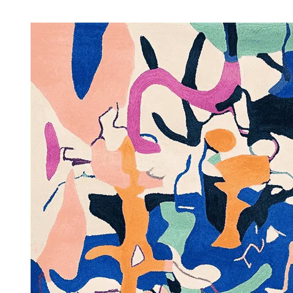 Vibrant Kaleido Field Flow Hand Tufted Area Rug showcasing an abstract design with bold colors like blue, pink, orange, and green. Perfect for contemporary living room area rugs, this wool rug adds a modern touch to large living room spaces.