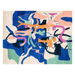 Vibrantly colored area rug featuring an abstract design with rich blues, oranges, pinks, and greens, perfect for a contemporary living room. This hand tufted wool rug adds a bold statement to large living room spaces.
