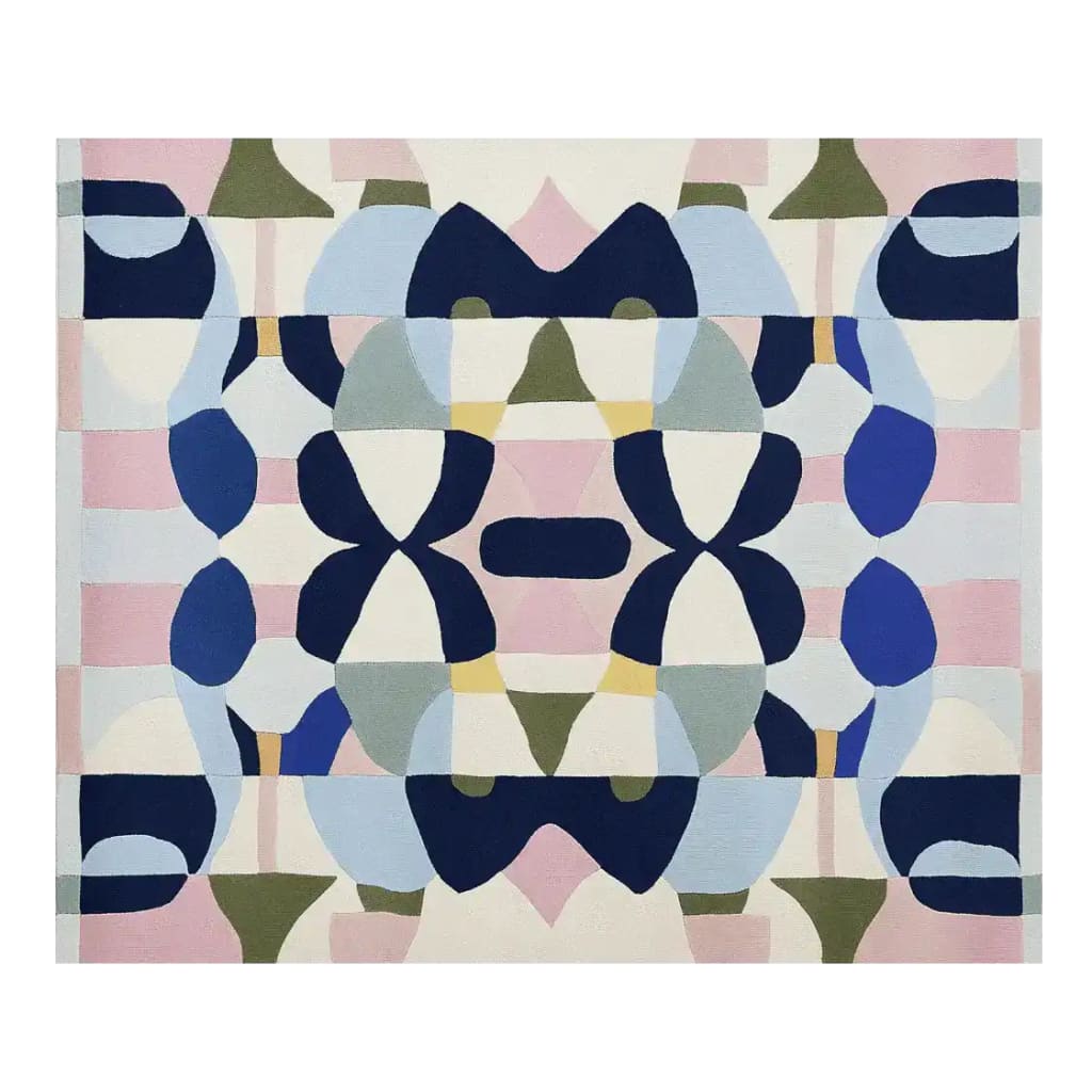 A vibrant area rug displaying a contemporary design with bold geometric patterns in shades of blue, pink, and olive green. This wool rug is perfect for adding a touch of modern elegance to your living room. Ideal for an 8x10 space, this large living room rug combines style and comfort seamlessly.