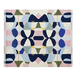 A vibrant area rug displaying a contemporary design with bold geometric patterns in shades of blue, pink, and olive green. This wool rug is perfect for adding a touch of modern elegance to your living room. Ideal for an 8x10 space, this large living room rug combines style and comfort seamlessly.