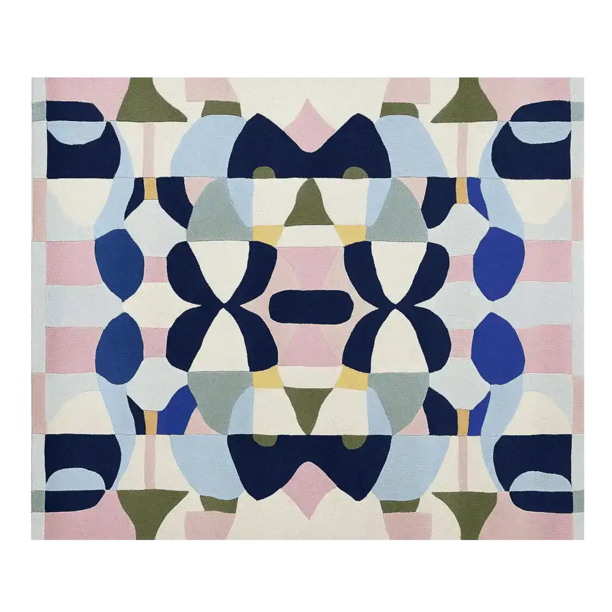 A vibrant area rug displaying a contemporary design with bold geometric patterns in shades of blue, pink, and olive green. This wool rug is perfect for adding a touch of modern elegance to your living room. Ideal for an 8x10 space, this large living room rug combines style and comfort seamlessly.