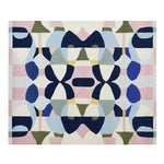 A vibrant area rug displaying a contemporary design with bold geometric patterns in shades of blue, pink, and olive green. This wool rug is perfect for adding a touch of modern elegance to your living room. Ideal for an 8x10 space, this large living room rug combines style and comfort seamlessly.