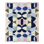 A vibrant Kaleidoscope Core Hand Tufted Area Rug, showcasing a contemporary abstract design with geometric patterns in shades of blue, pink, and olive. This wool rug, perfect for adding a modern touch to your living space, measures 8x10, making it an ideal choice for large living rooms.