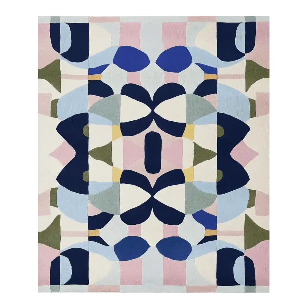 A vibrant Kaleidoscope Core Hand Tufted Area Rug, showcasing a contemporary abstract design with geometric patterns in shades of blue, pink, and olive. This wool rug, perfect for adding a modern touch to your living space, measures 8x10, making it an ideal choice for large living rooms.