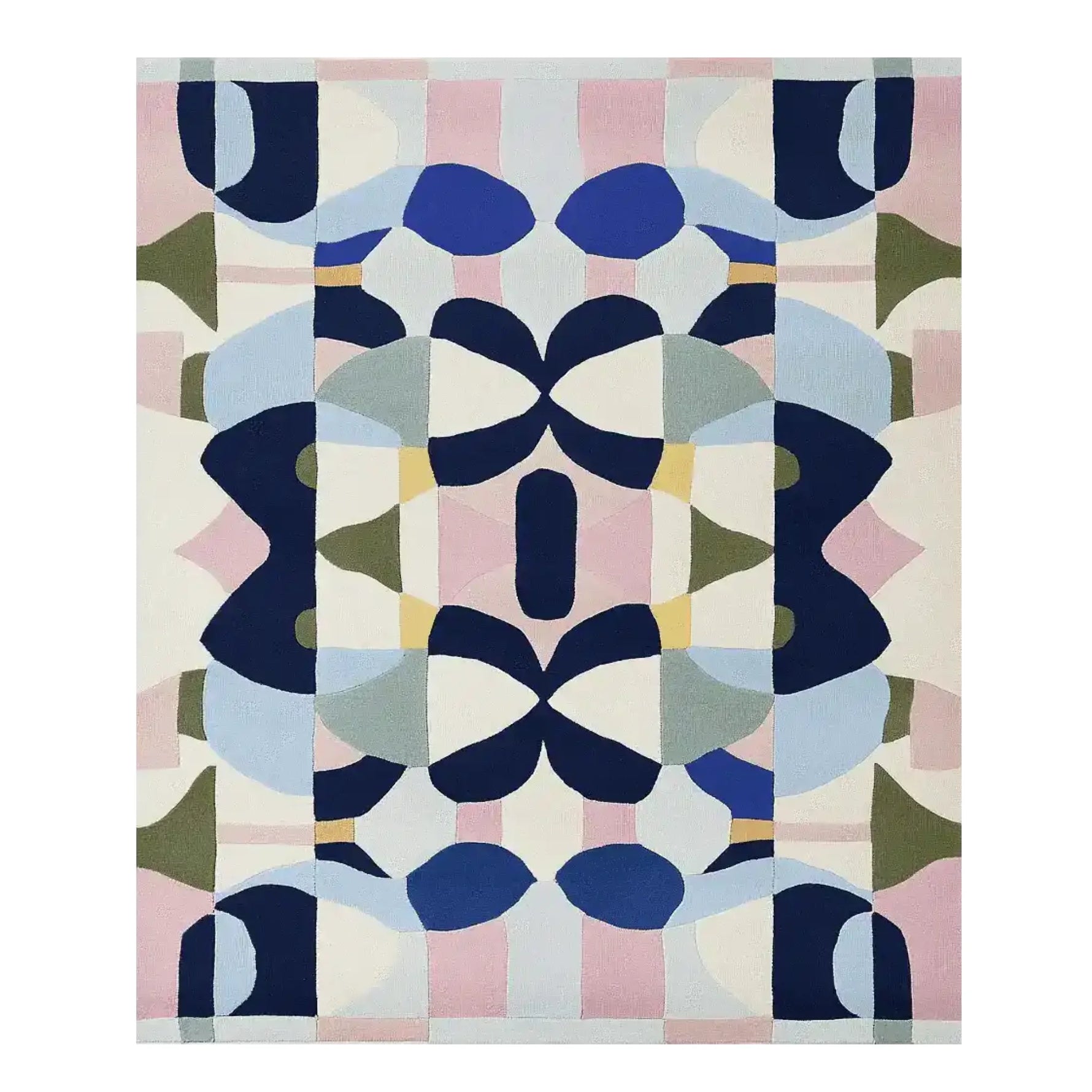 A vibrant Kaleidoscope Core Hand Tufted Area Rug, showcasing a contemporary abstract design with geometric patterns in shades of blue, pink, and olive. This wool rug, perfect for adding a modern touch to your living space, measures 8x10, making it an ideal choice for large living rooms.