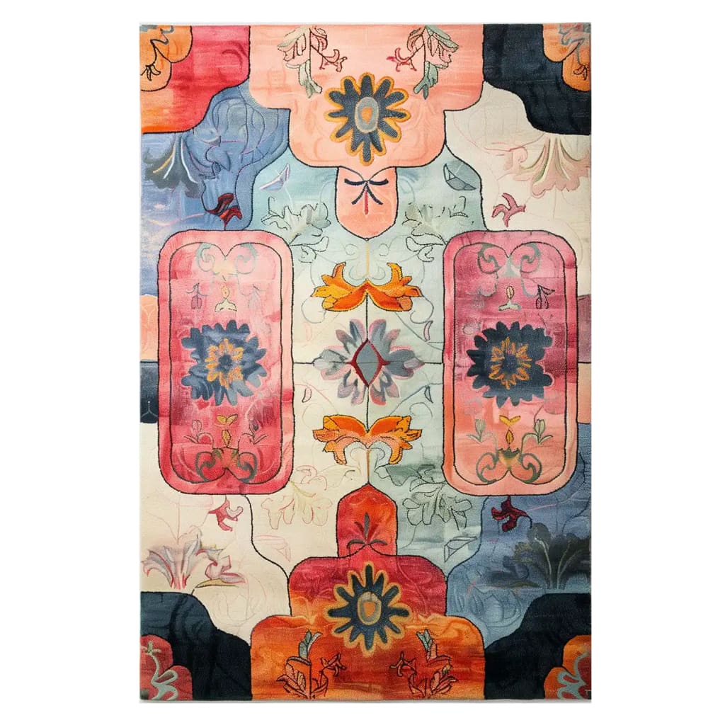 A vibrant Kaleidoscope Dreams Hand Tufted Wool Rug, featuring an array of colorful floral patterns. This area rug is perfect for large living rooms, adding a vintage touch with its intricate design and rich colors.