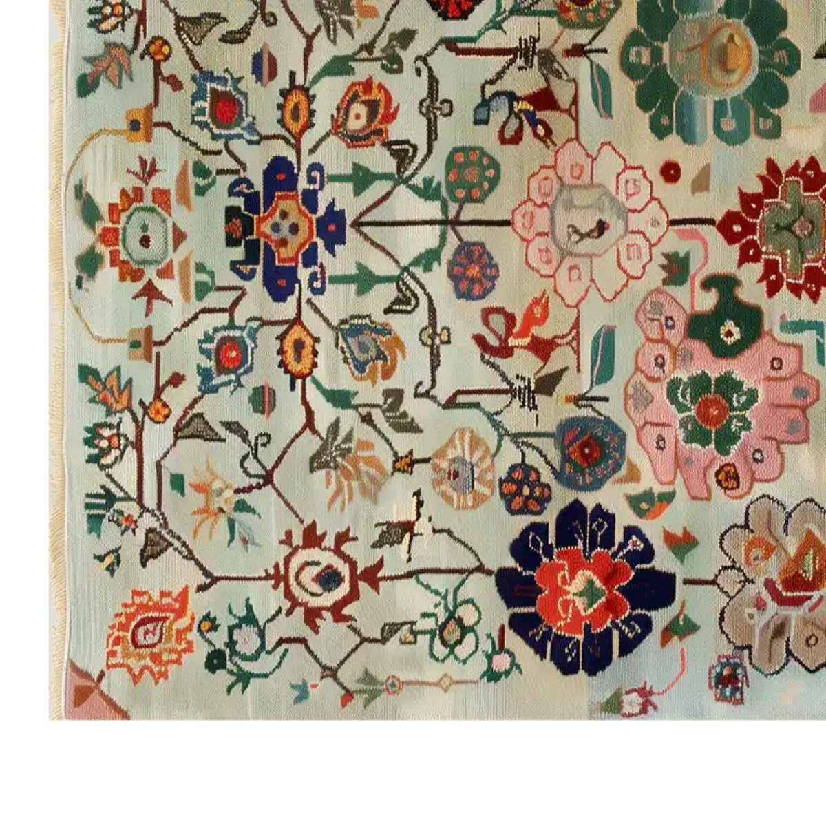 Vibrant area rug with intricate floral patterns, showcasing a mix of colorful blooms and vines on a light background, perfect for enhancing large living room spaces.