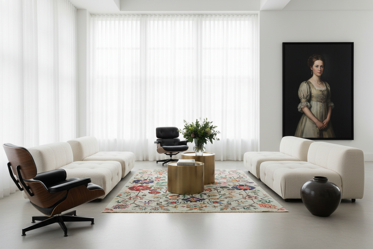 Modern living room with white furniture, a colorful rug, and a portrait on the wall.