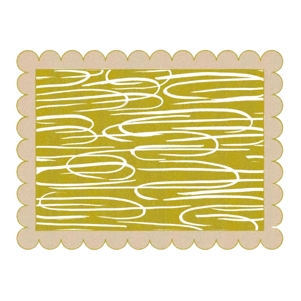 Top view of a Khaki Scalloped Contemporary Art Hand Tufted Area Rug. This wool rug features an abstract design with wavy patterns and a scalloped border, perfect for adding a modern touch to large living room spaces.