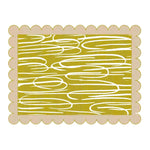 Top view of a Khaki Scalloped Contemporary Art Hand Tufted Area Rug. This wool rug features an abstract design with wavy patterns and a scalloped border, perfect for adding a modern touch to large living room spaces.