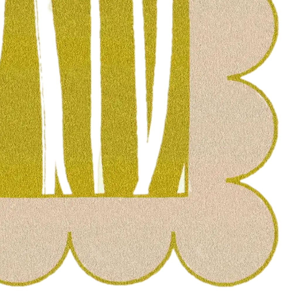 Close-up view of a khaki scalloped edge contemporary art hand tufted area rug. The wool rug features a unique abstract design with a blend of muted colors, perfect for large living room spaces.