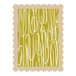 Khaki scalloped hand-tufted wool rug featuring a contemporary abstract design, perfect for large living rooms. This area rug adds a modern touch to any living space with its unique scalloped edges and artistic pattern.