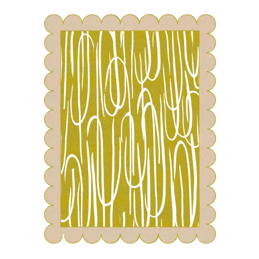 Khaki scalloped hand-tufted wool rug featuring a contemporary abstract design, perfect for large living rooms. This area rug adds a modern touch to any living space with its unique scalloped edges and artistic pattern.