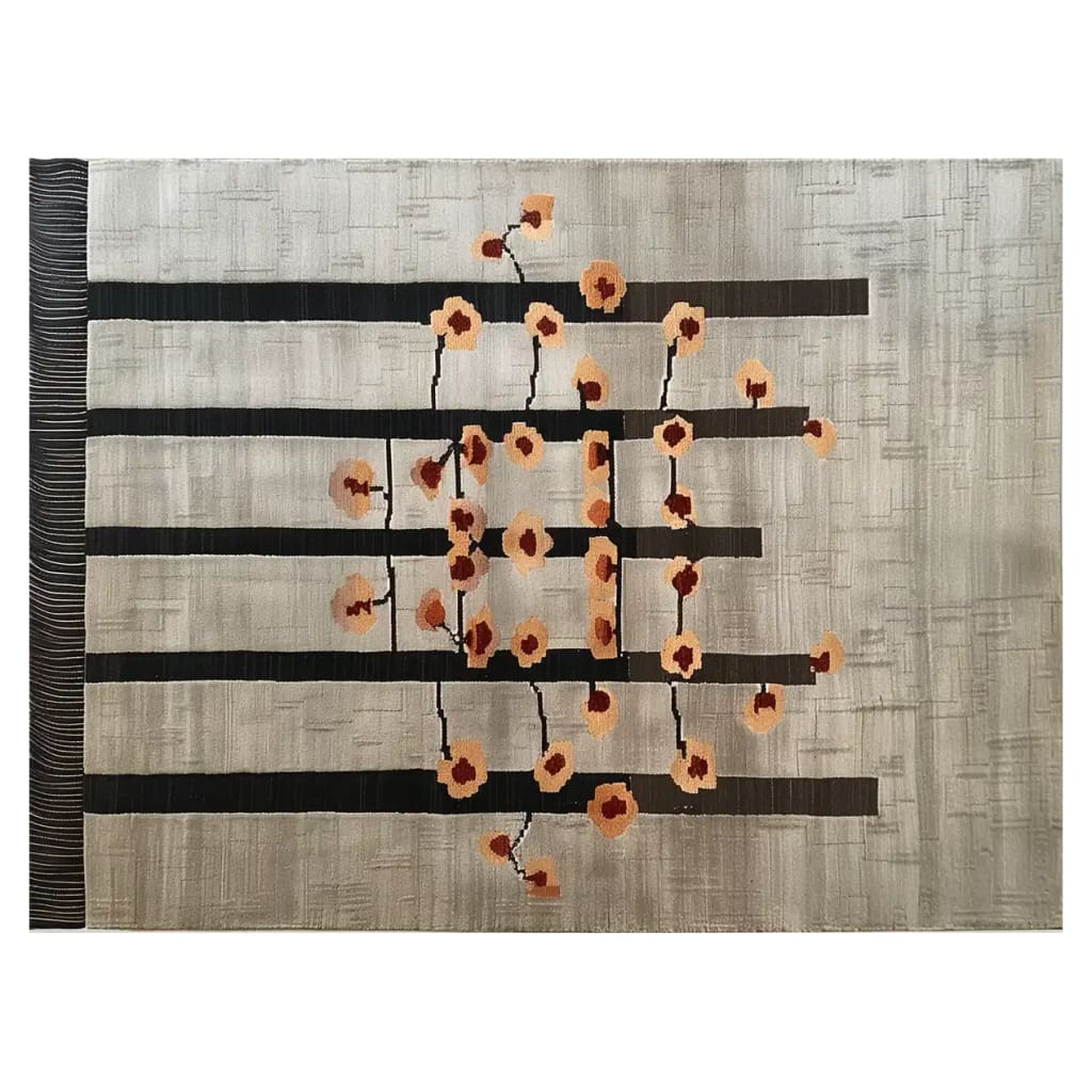 A large contemporary wool rug featuring a unique geometric design with black horizontal lines and orange floral accents against a textured grey background, perfect for enhancing the ambiance of a living room. This area rug blends modern style with the comfort of hand-tufted wool, ideal for those seeking sophisticated area rugs for their living space.