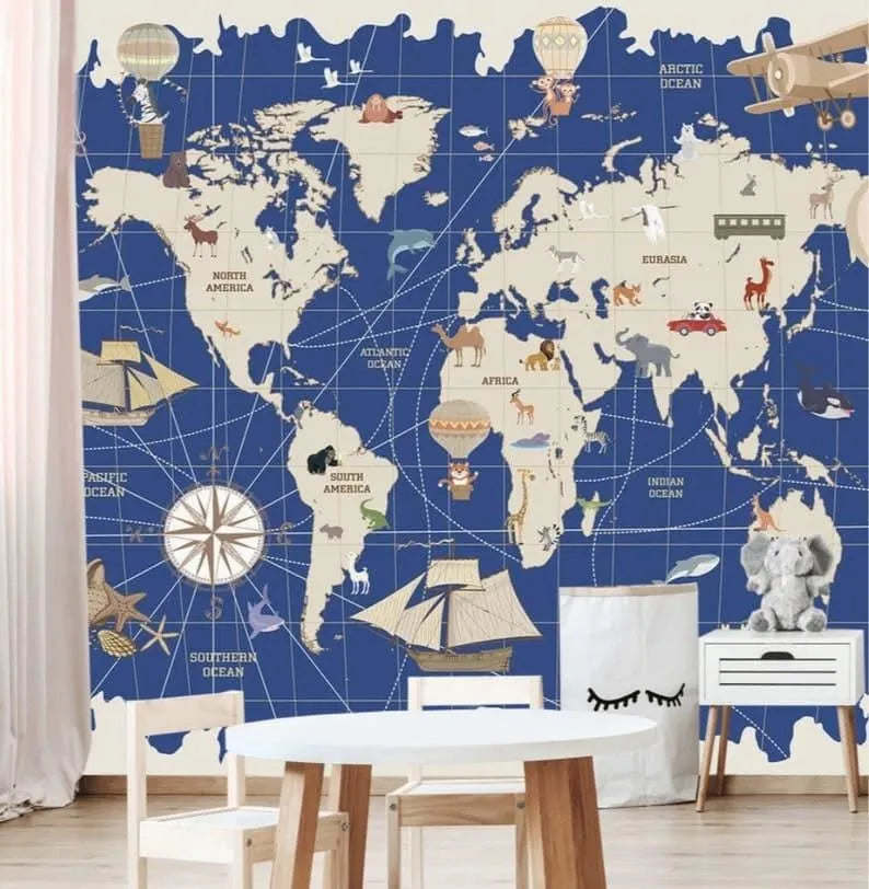 Kids Blue World Map Wall Mural