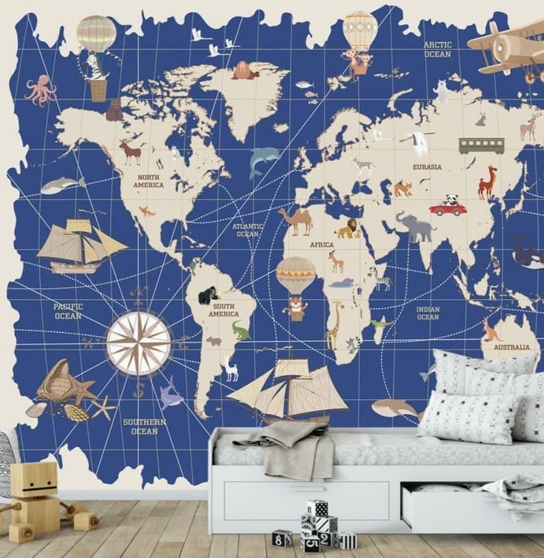 Kids Blue World Map Wall Mural 