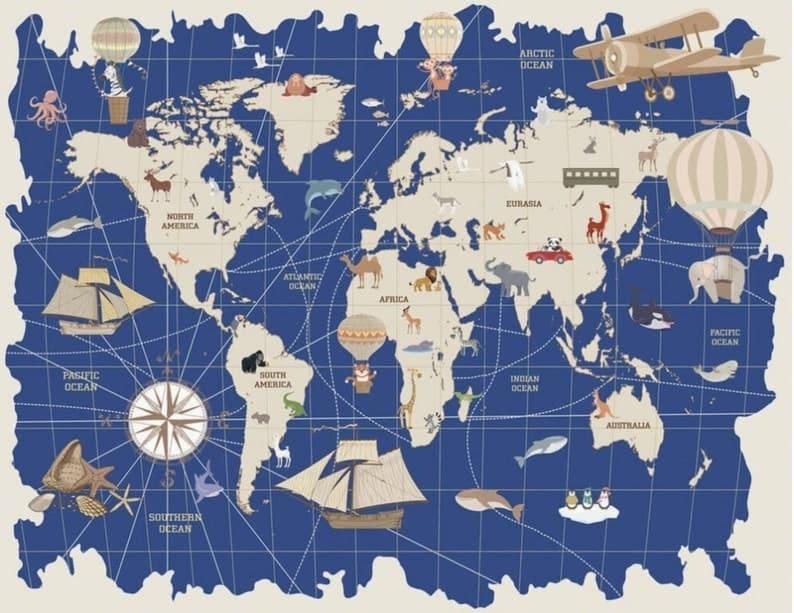 Kids Blue World Map Wall Mural