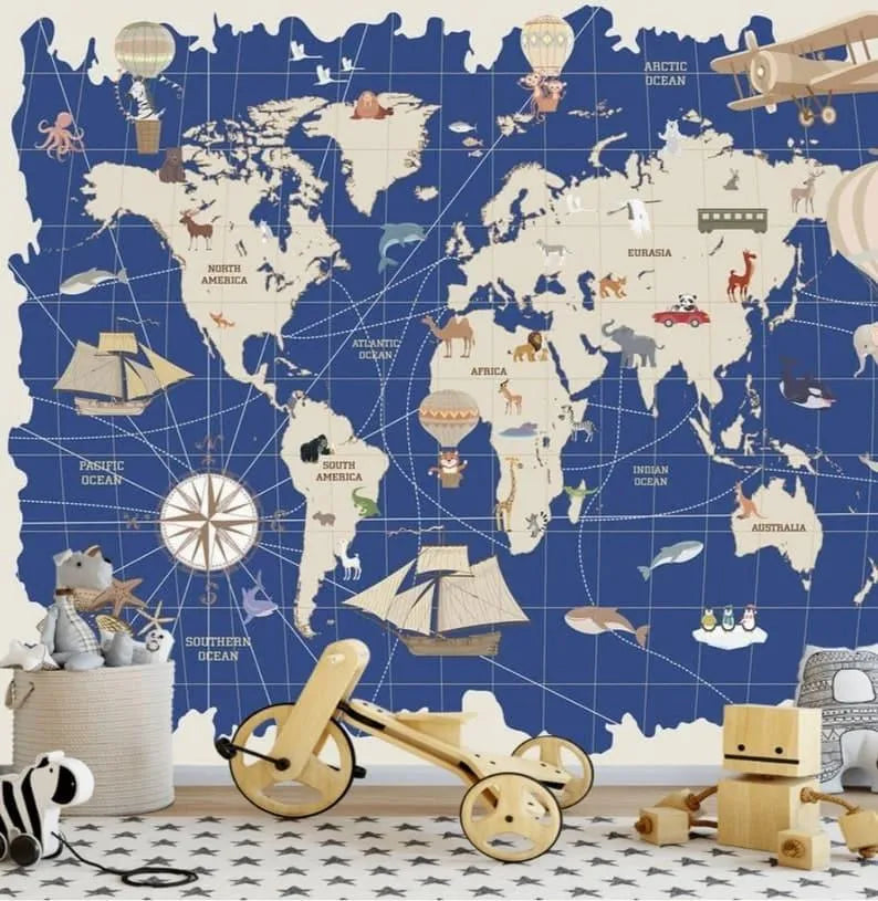 Kids Blue World Map Wall Mural