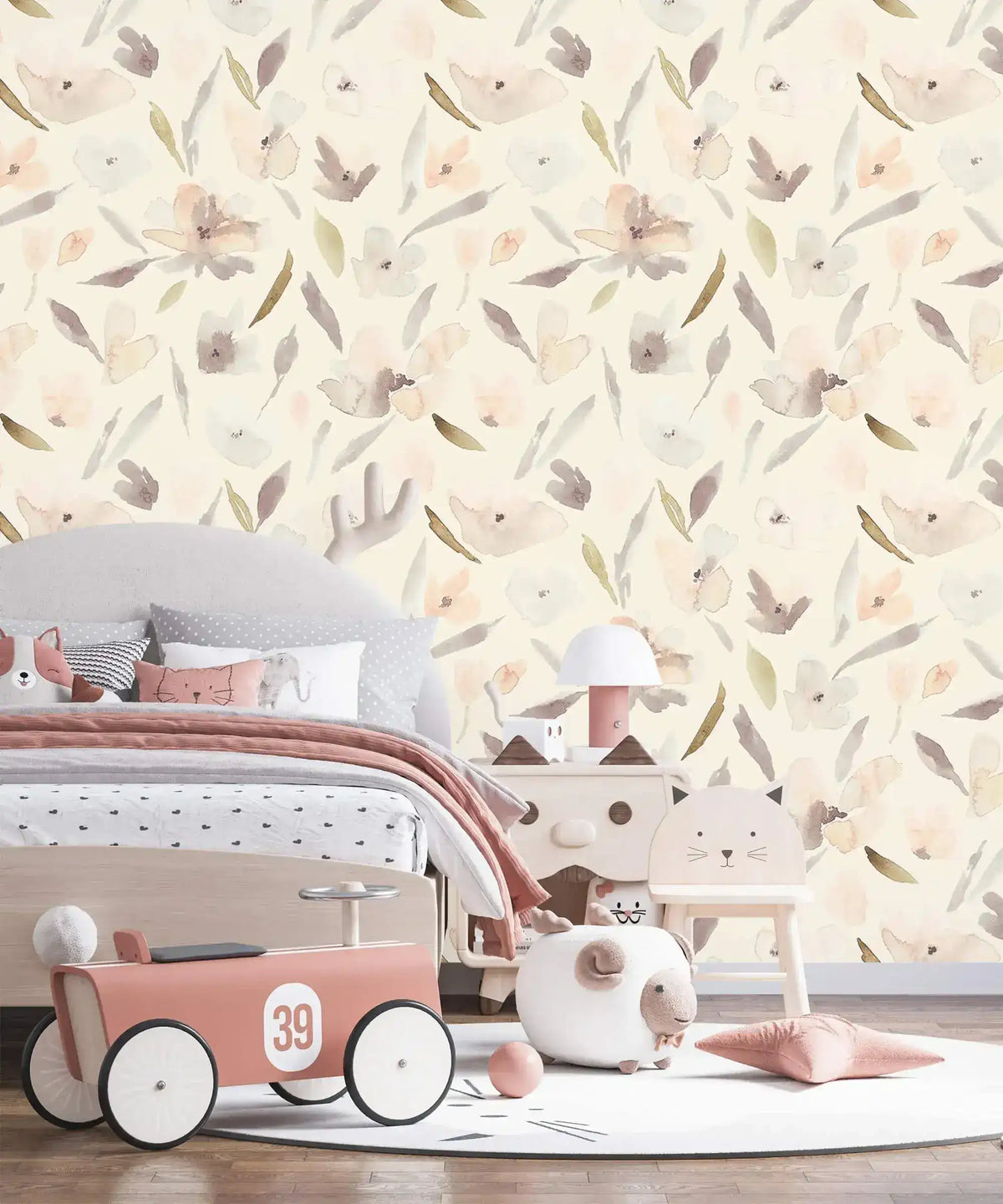 Kids room with bed and toy car against pastel watercolor blossom wallpaper, soft blooms