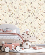 Kids room with bed and toy car against pastel watercolor blossom wallpaper, soft blooms