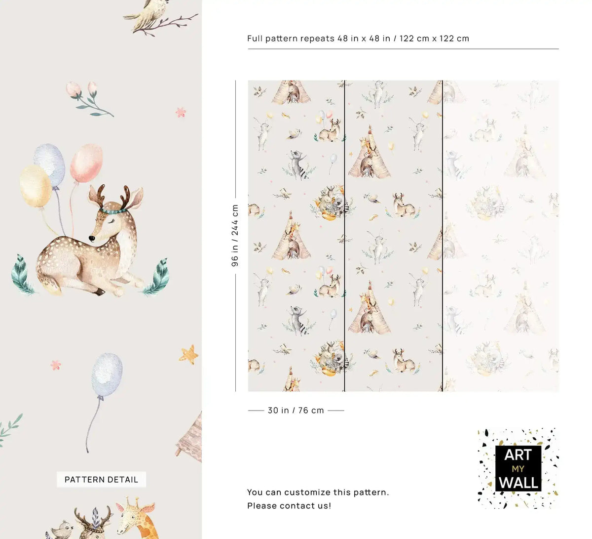 Kids woodland animal camp wallpaper detail and size guide showing pattern repeat dimensions
