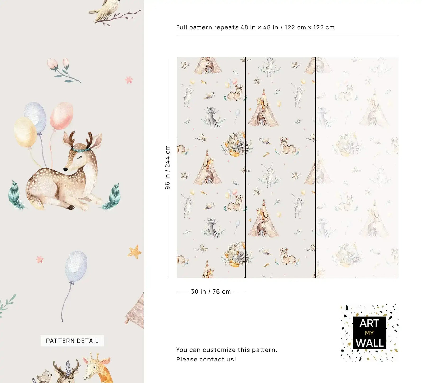 Kids woodland animal camp wallpaper detail and size guide showing pattern repeat dimensions