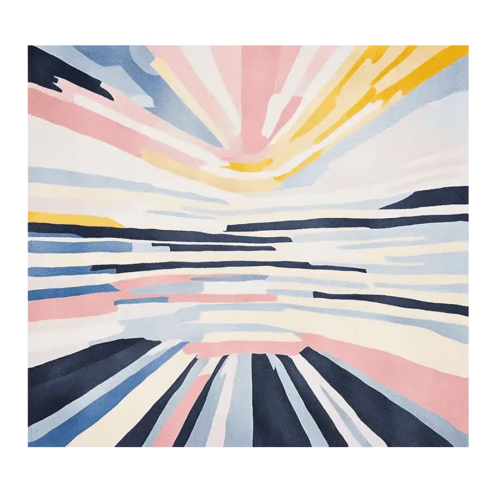 Vibrant Kinetic Canvas Burst Hand Tufted Area Rug showcasing an abstract design with dynamic streaks of pink, yellow, and navy. This contemporary wool rug is perfect for enhancing living room spaces, adding a splash of color and modern flair to your home decor.