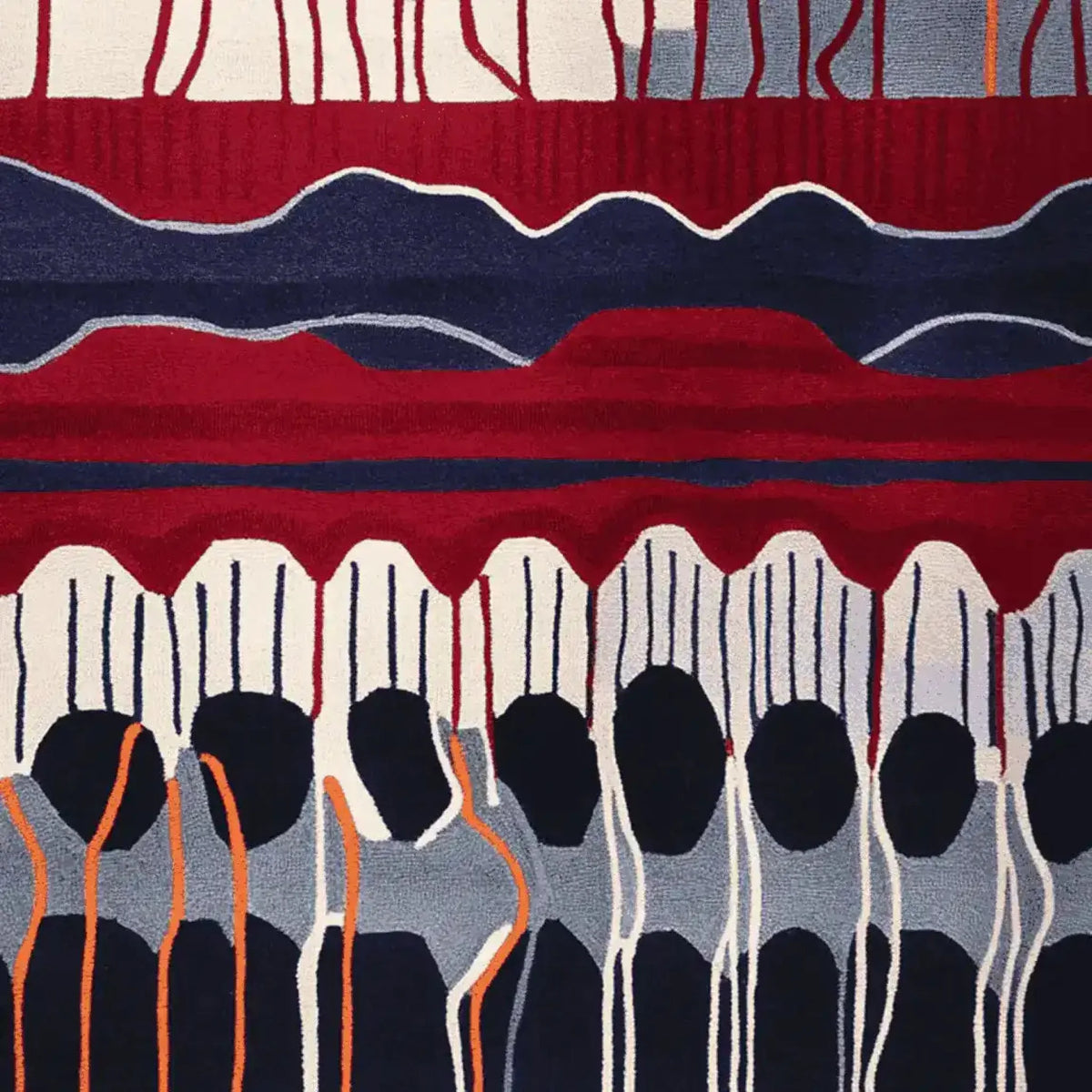 Top view of the Kinetic Vein Flow Hand Tufted Rug, a contemporary area rug featuring bold abstract patterns in red, navy, and gray tones. This wool rug is perfect for adding a modern touch to living room spaces, making it an ideal choice for large living room rugs.
