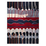 A vibrant area rug with an abstract design featuring bold red, blue, and white colors. This contemporary wool rug is perfect for adding a modern touch to large living room spaces. The hand-tufted pattern creates a dynamic visual flow, ideal for those seeking unique living room area rugs.
