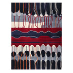 A vibrant area rug with an abstract design featuring bold red, blue, and white colors. This contemporary wool rug is perfect for adding a modern touch to large living room spaces. The hand-tufted pattern creates a dynamic visual flow, ideal for those seeking unique living room area rugs.