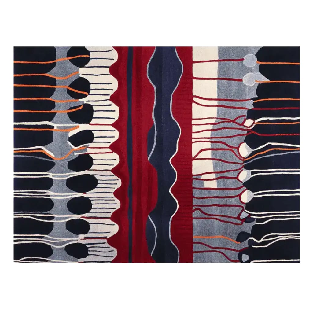Top view of the Kinetic Vein Flow Hand Tufted Rug, a contemporary wool area rug featuring an abstract design with bold red, blue, and black patterns. Perfect for large living rooms, this rug adds a dynamic touch to any space.