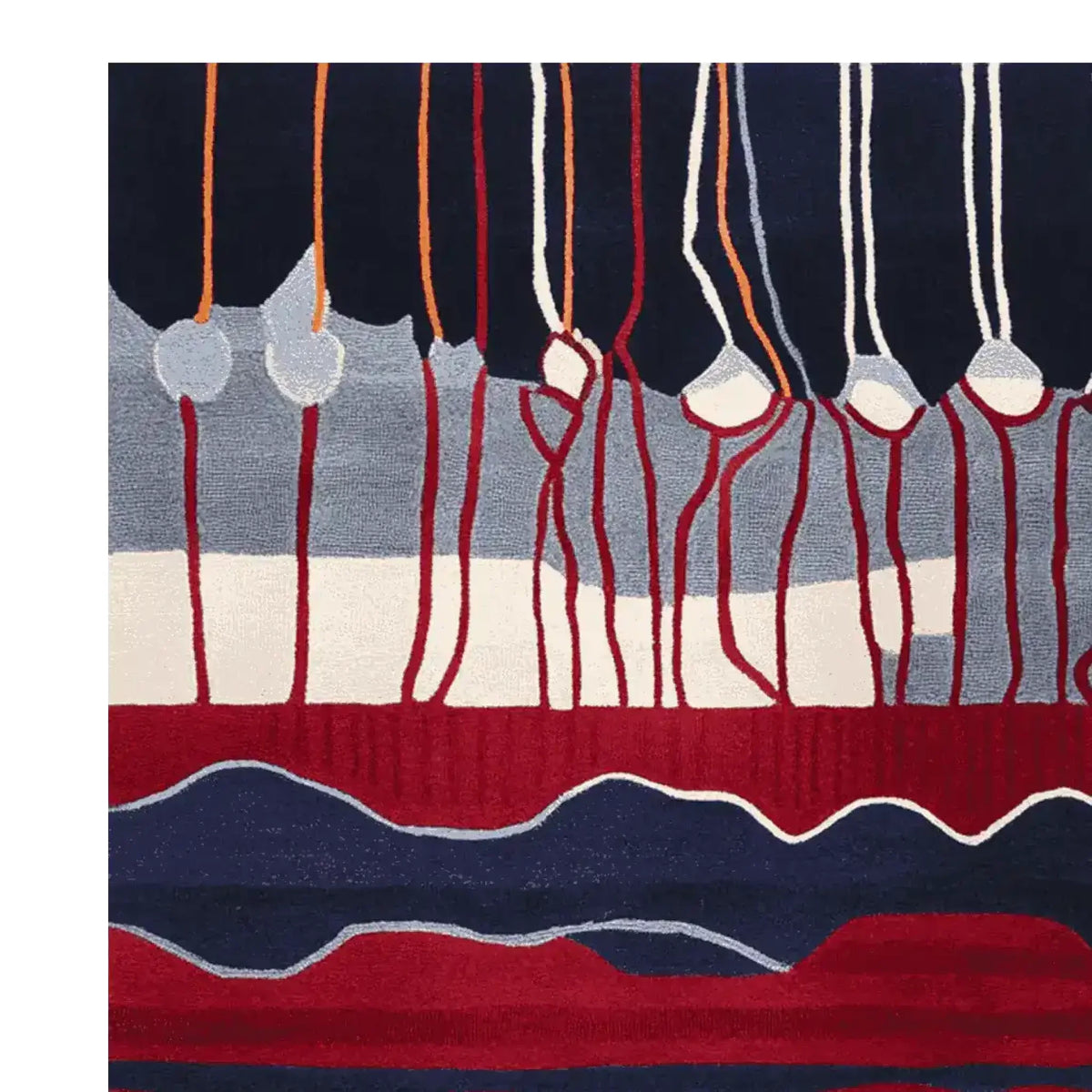 This image showcases a vibrant Kinetic Vein Flow Hand Tufted Rug, perfect for adding a contemporary touch to your living space. The area rug features striking red, blue, and orange abstract patterns that create a dynamic flow, making it an ideal wool rug for large living room areas.